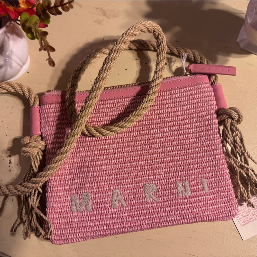 Marni marcel pochette raffia light pink crossbody bag NWT